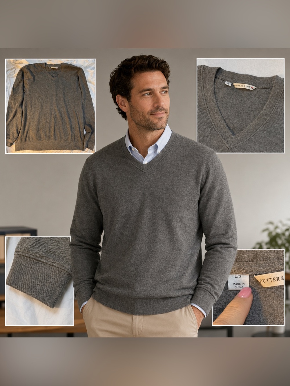 Cutter & Buck Men’s L Heather Gray V-Neck Fine Knit Golf Sweater Pullover